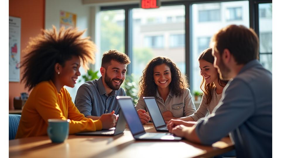 Photo d'étudiants souriants collaborant sur des tablettes et des ordinateurs portables dans un environnement d'apprentissage moderne
