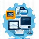 Icône représentant l'intégration technologique avec des engrenages et des icônes d'appareils