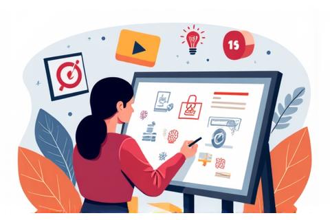 Une personne travaillant sur un tableau de conception de cours, avec des icônes de livre, d'ampoule et de vidéo.