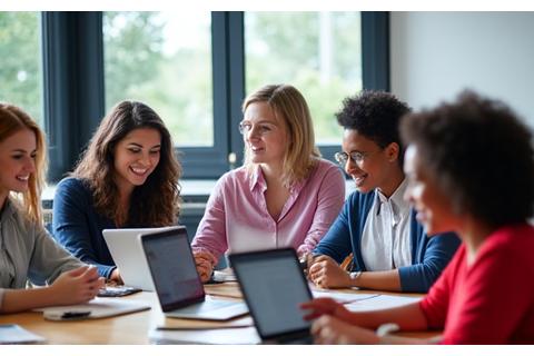Un groupe d'enseignants participant à un atelier interactif sur la technologie, avec des tablettes et des écrans.